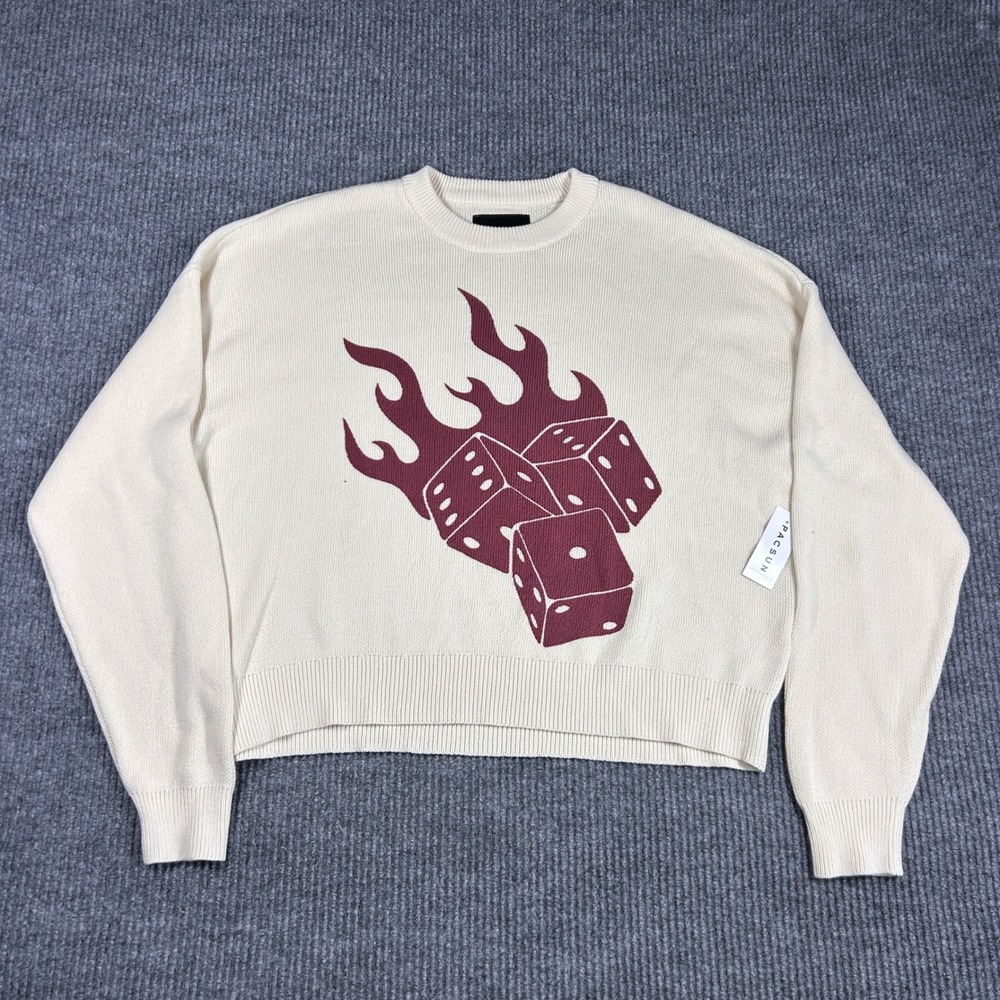 PacSun‎ Sweater Men's S Flaming Dice Knit Cream Maroon New 0049-569 Skater